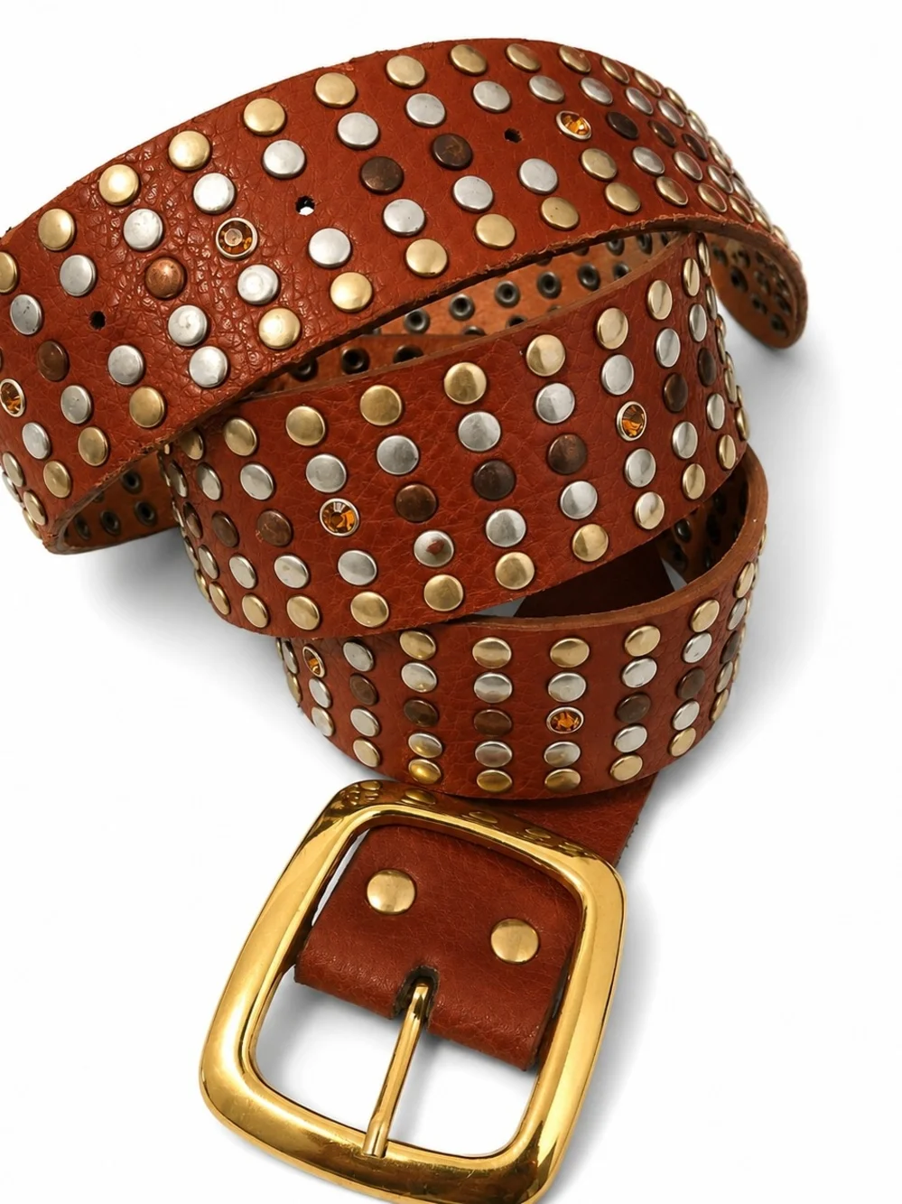 Studded Brown Leather Men's Belt with Gold Buckle